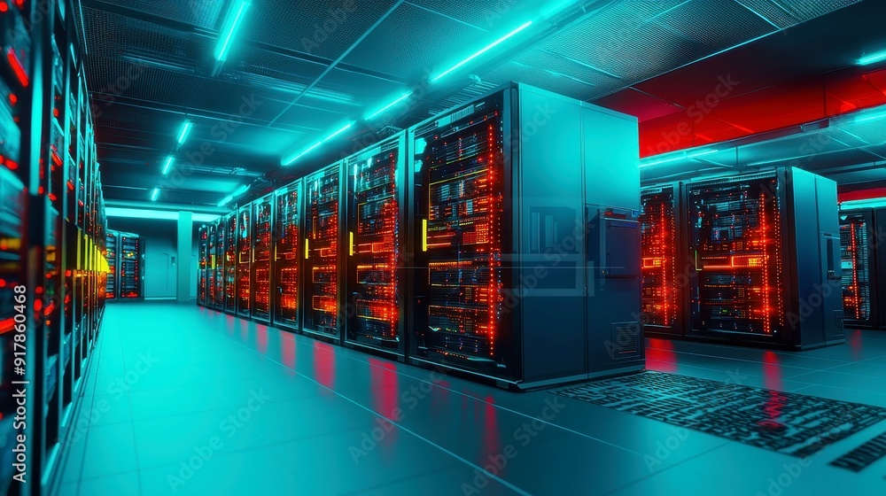 Poster illuminated server hub, a sleek database center featuring rows of dark servers, vibrant blue lights 