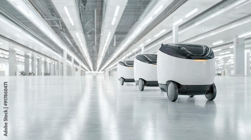 Poster delivery robots equipped with advanced sensors stationed in a sleek, expansive warehouse environment