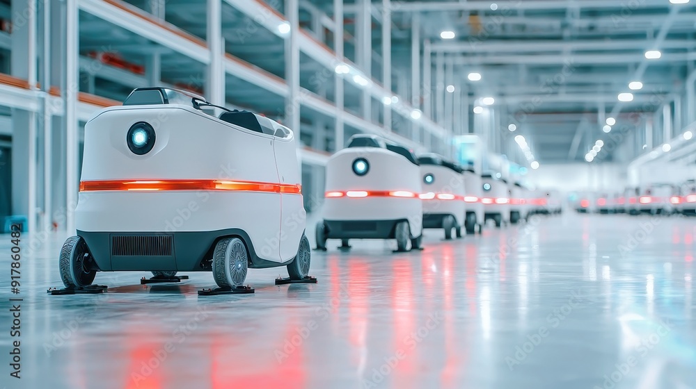 Aufkleber delivery robots equipped with sensors stationed in a contemporary, expansive warehouse filled with o