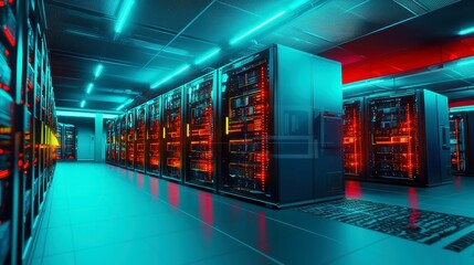 Illuminated Server Hub, a sleek database center featuring rows of dark servers, vibrant blue lights casting a cool glow, creating a modern, high-tech environment.