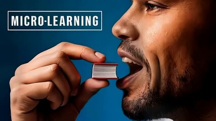 words "micro-learning" with man kissing miniature book, affection for bite sized education
