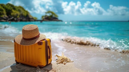 A vintage yellow suitcase with a straw hat on top sits on a sandy beach at sunset.