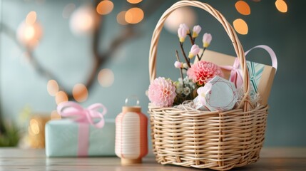 A beautifully arranged gift basket featuring flowers, decorative items, and wrapped presents, perfect for any celebration.