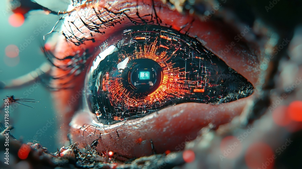 Poster futuristic digital eye unveiling complex data network and artificial intelligence, showcasing advanc