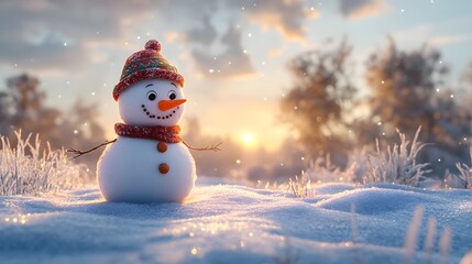 Obraz premium A Cheerful Snowman Standing in a Snowy Landscape Under a Golden Sunset Sky