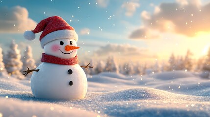 Obraz premium A Cheerful Snowman Standing in a Snowy Landscape with a Golden Sunset Glow and Falling Snow