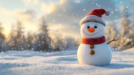 Obraz premium A Cheerful Snowman Standing in a Snowy Winter Wonderland with a Red Santa Hat and Scarf, Enjoying the Falling Snow and the Golden Hour Light