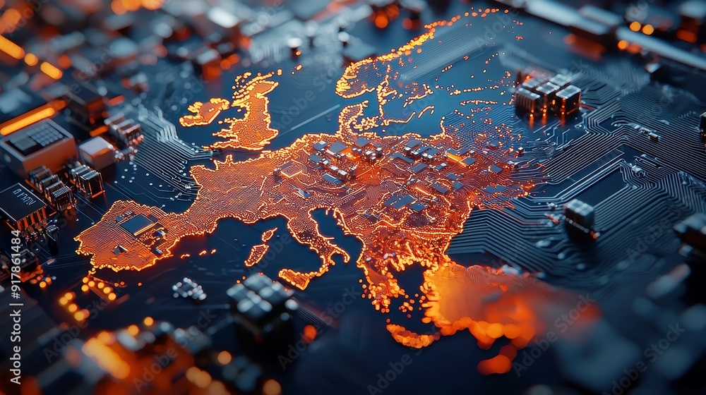 Poster illuminated circuit board map of western europe, showcasing intricate connections and pathways, emph