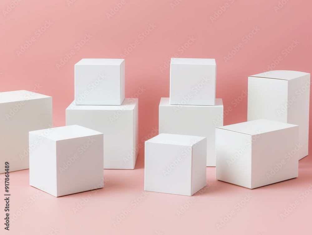 Poster a collection of white boxes in various sizes on a soft pink background, perfect for minimalistic des
