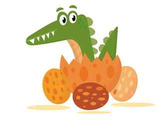 vector new crocodile cubs are born from egg shells, which are full of eggs. flat and vector design illustrations