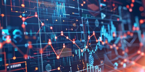 An abstract design featuring interconnected corporate symbols and financial graphs, representing the complex process of mergers and acquisitions in a digital landscape