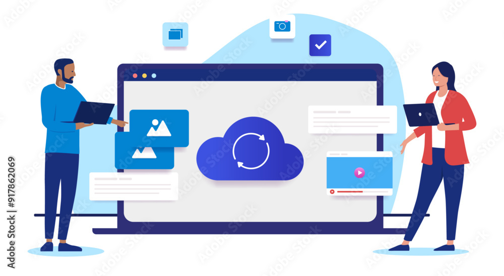 Aufkleber Working in the cloud - Two people with large computer screen doing work and tasks using cloud technology together. Flat design vector illustration with white background