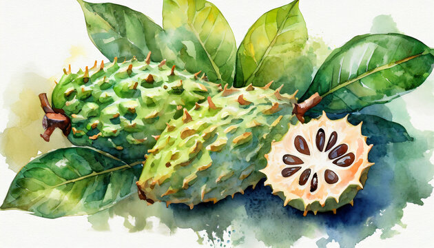 Watercolor of green soursop, delicious tropical graviola fruit, whole and sliced flesh. Summer vibe