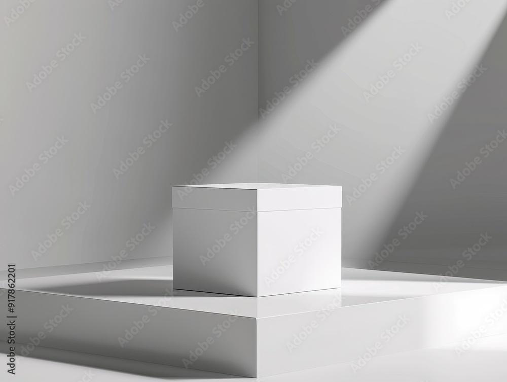 Poster a minimalistic white cube in a bright space, showcasing simplicity and elegance with soft lighting a