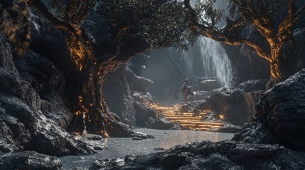 Glowing Pathway Leading to a Waterfall in a Dark and Mystical Forest