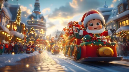 A Festive Christmas Train Ride Through a Snowy Town with a Cheerful Cartoon Santa