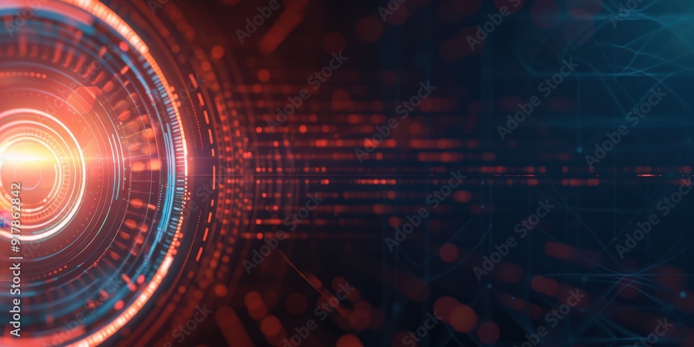 Poster abstract digital background with vibrant light circles and data streams, ideal for technology and fu