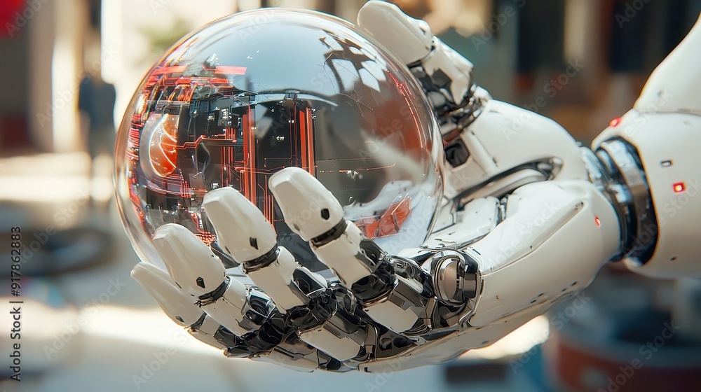Poster robot hands grasping a luminous artificial intelligence sphere, set against an expansive backdrop, s