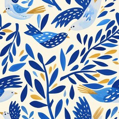 seamless pattern with birds, blue on white