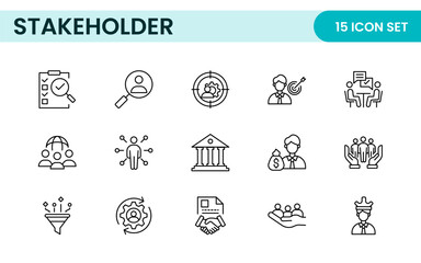 Stakeholder outline icons set. Business, teamwork, trade unions, suppliers, government, customers, creditors, community, investors and partners.