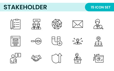 Stakeholder outline icons set. Business, teamwork, trade unions, suppliers, government, customers, creditors, community, investors and partners.