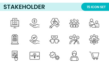 Stakeholder outline icons set. Business, teamwork, trade unions, suppliers, government, customers, creditors, community, investors and partners.