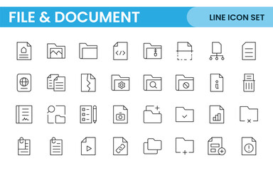 Document outline icons. Document icon set. Set of outline icons related to document, files, message, security. Linear icon collection.