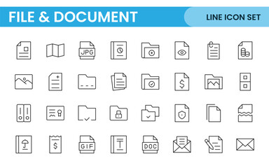 Document outline icons. Document icon set. Set of outline icons related to document, files, message, security. Linear icon collection.