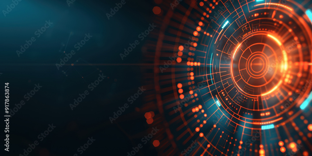 Poster futuristic digital abstract design with glowing circular elements and vibrant colors, ideal for tech