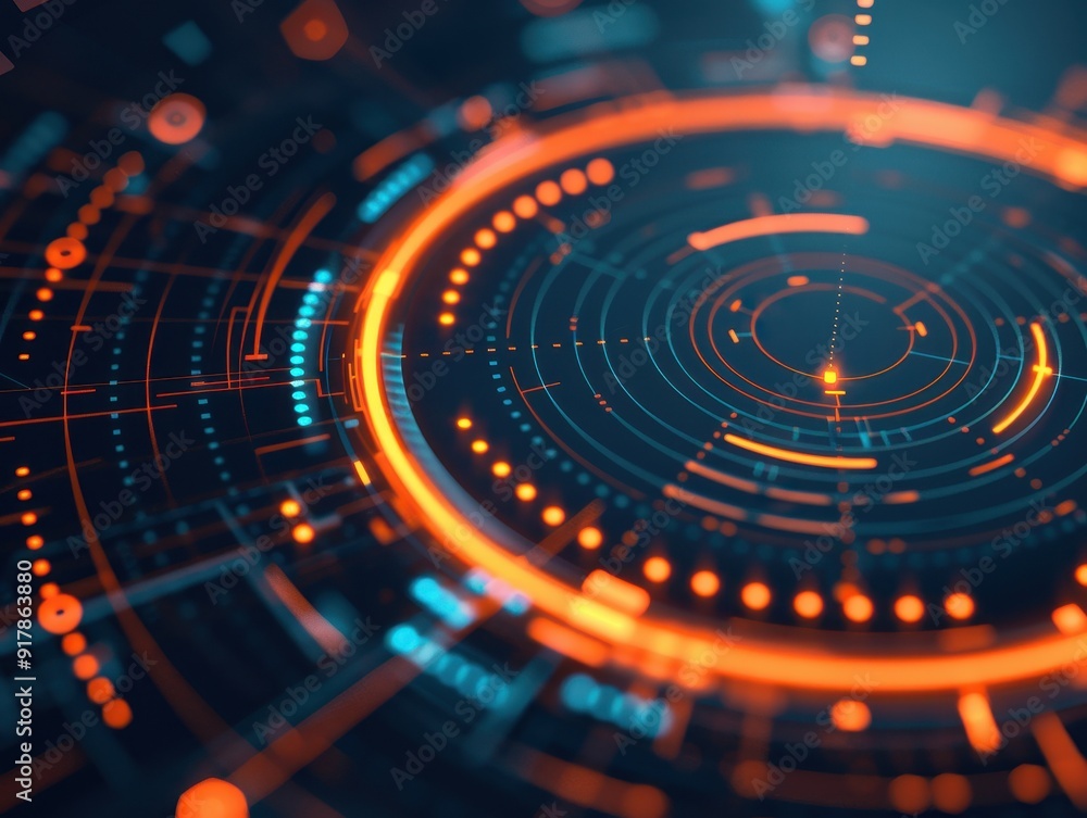 Poster futuristic abstract technology background featuring glowing circles and digital patterns in vibrant 