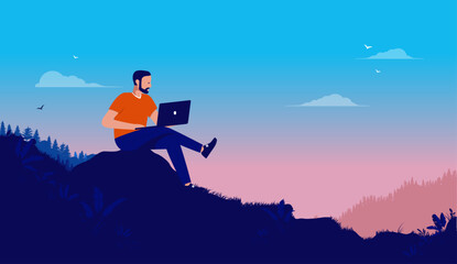 Working on laptop outdoors in nature - Man sitting in wilderness working on computer alone. Remote work and work from anywhere concept in flat vector design with copy space