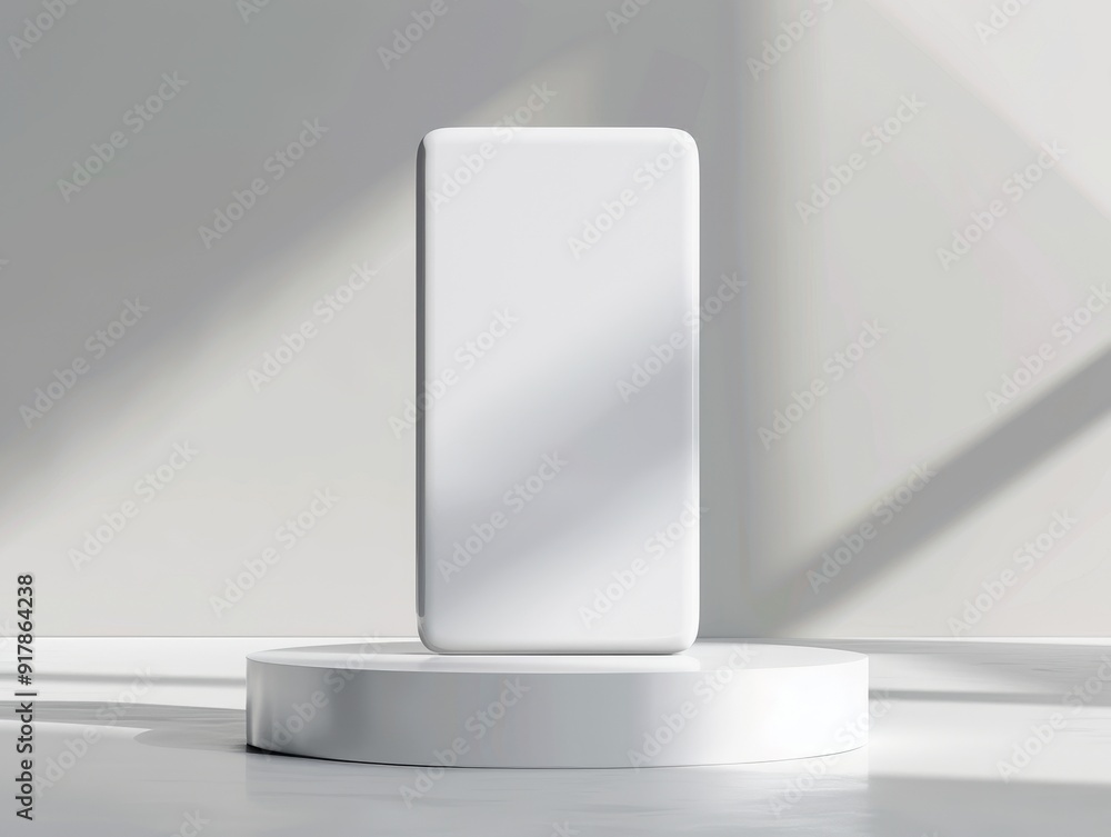 Poster minimalistic display of a blank mobile device on a pedestal in a bright room, ideal for showcasing p