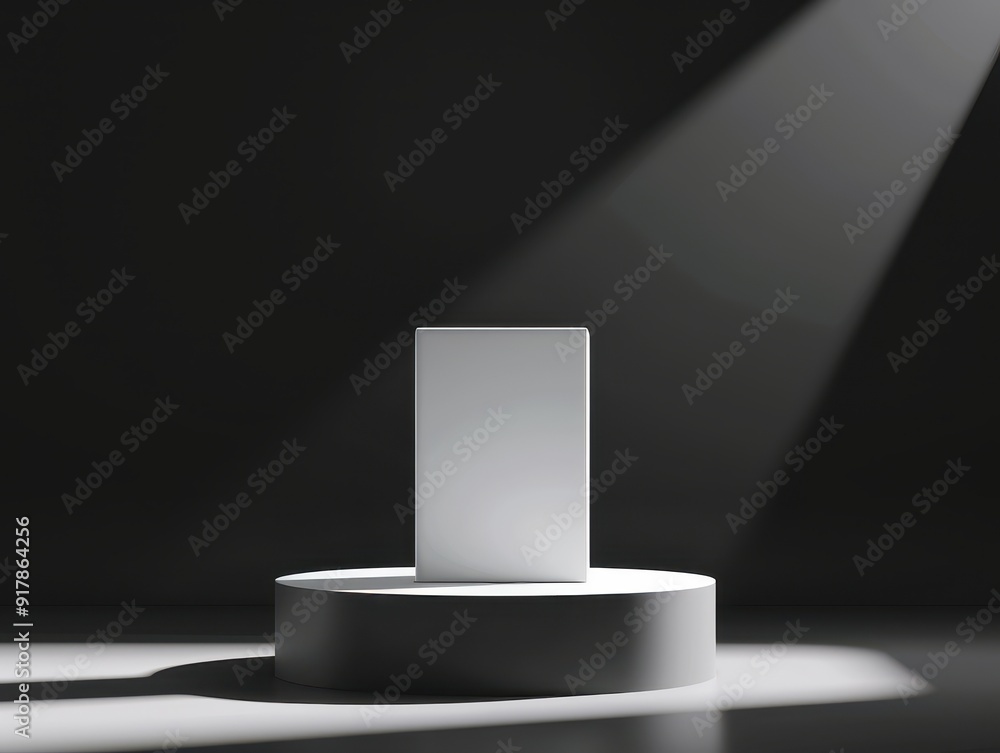 Poster minimalist display showcasing a white object illuminated by dramatic spotlight in a dark setting, pe