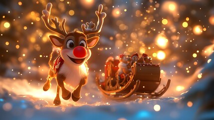 A Jolly Reindeer in a Winter Wonderland with a Festive Sleigh in the Background