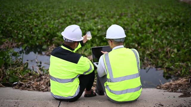 Environmental engineers inspect water quality,Bring water to the lab for testing,Check the mineral content in water and soil,Check for contaminants in water sources.