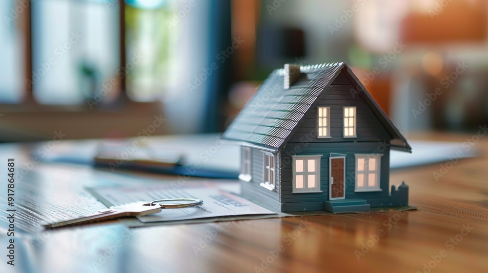 Poster A small model house sits on a table with a key next to it
