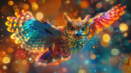 Fototapeta premium Enchanting bat owl with rainbow wings flying playfully among twinkling stars on a Halloween night.