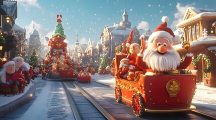 Festive Christmas Parade in a Snowy Town with Santa Claus and Elves in a Red Train