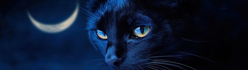 A mystical black cat with piercing blue eyes gazes under a crescent moon, embodying a sense of mystery and enchantment.