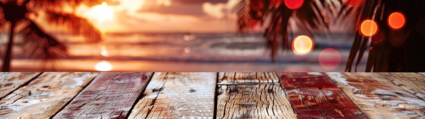 Tranquil Beachfront Sunset with Bokeh Lights, a wooden table adorned with soft bokeh, palm trees gently swaying, evoking summer relaxation and holiday bliss.