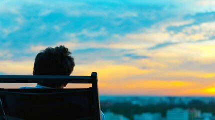 Fototapeta premium Man reclining on a lounge chair at sunset on a terrace, serene atmosphere, minimalist design, open sky, perfect for relaxation and unwinding in summer warmth