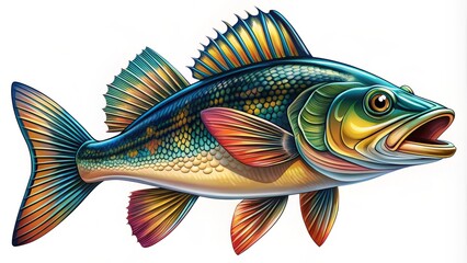 A colorful illustration of a walleye fish, stylized with bold lines and vibrant scales, served as a symbol or emblem for outdoor enthusiasts and anglers.