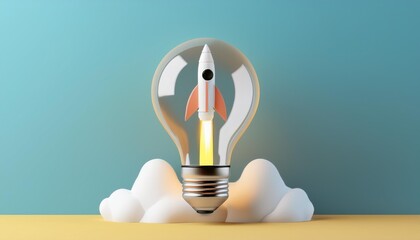 A creative concept of a light bulb with a rocket inside, symbolizing innovation and breakthrough ideas in a modern design.