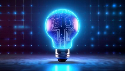A glowing light bulb with a futuristic circuit design, symbolizing innovation and technology in a vibrant digital setting.