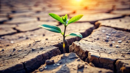 A delicate sprout breaks through cracked earth, symbolizing resilience and perseverance in overcoming obstacles to reach new heights and achieve personal growth.