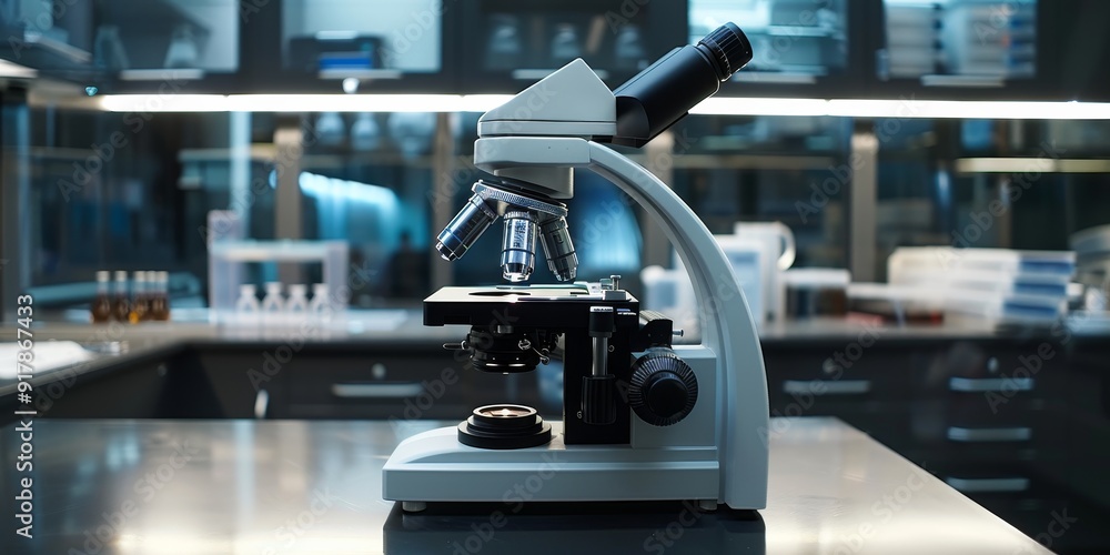 Aufkleber Microscope on a sleek lab counter, with a specimen slide under the lens, demonstrating advanced optical technology and precision for microscopic analysis