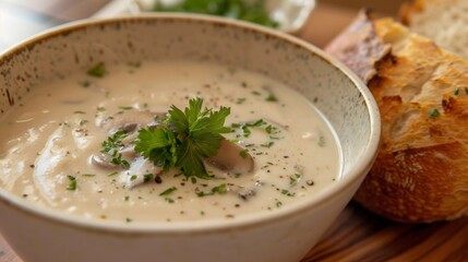Creamy mushroom soup with fresh parsley and crusty bread roll, realistic food photography