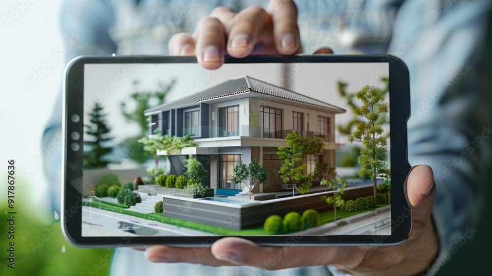 Poster a person is holding a phone that is displaying a house