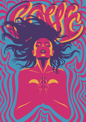 1960s Style Psychedelic Poster, Sexy Beauty in Sunglasses, Hippie Girl, Hands folded in Prayer, Psychedelic Color Background