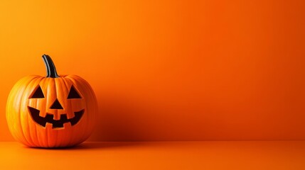 Halloween jack-o'-lantern pumpkin with carved face on orange background with copy space